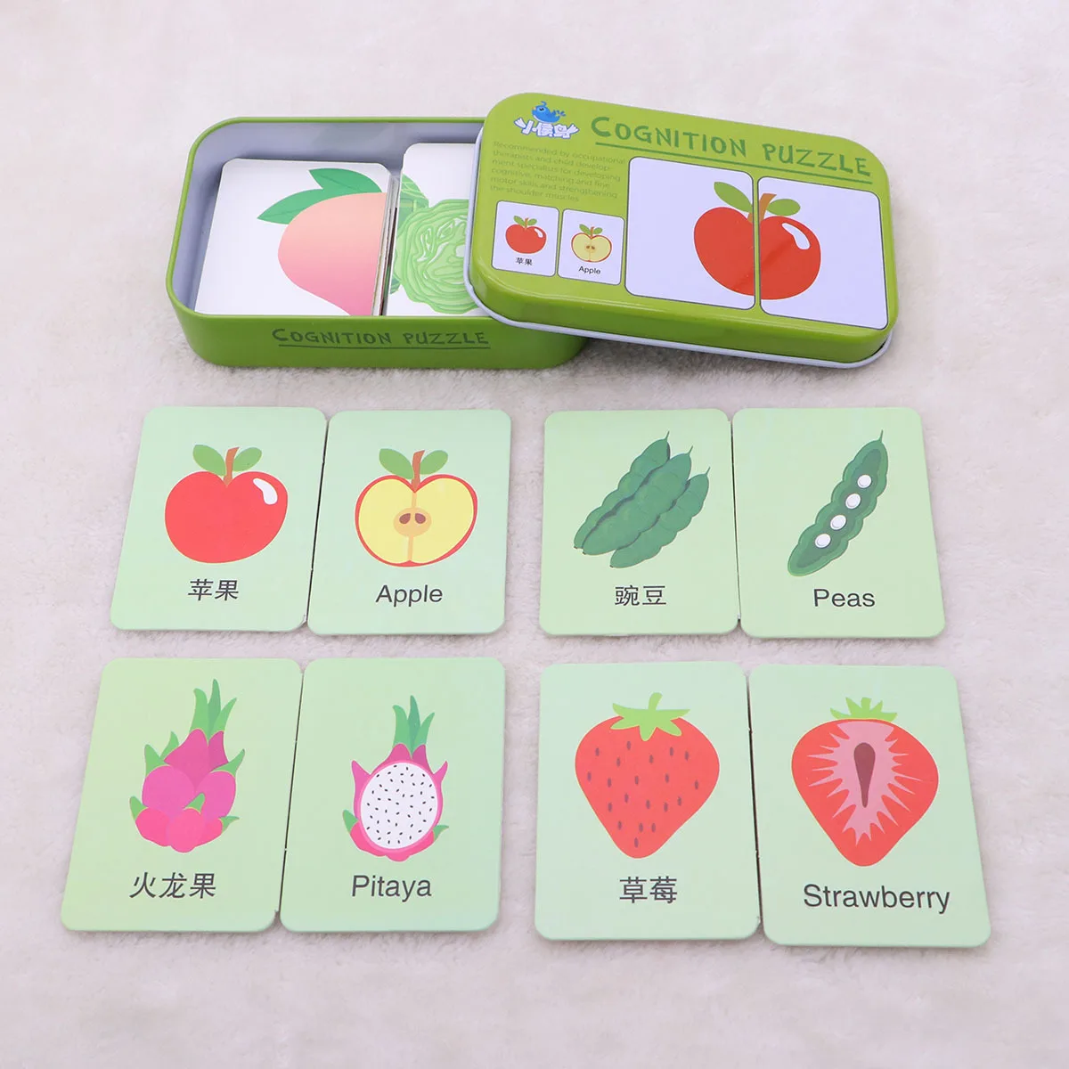 

32Pcs Cognition Puzzle Flash Cards Eco-Friendly Durable Early Learning Tin Box for Kids Cognitive Skills Training