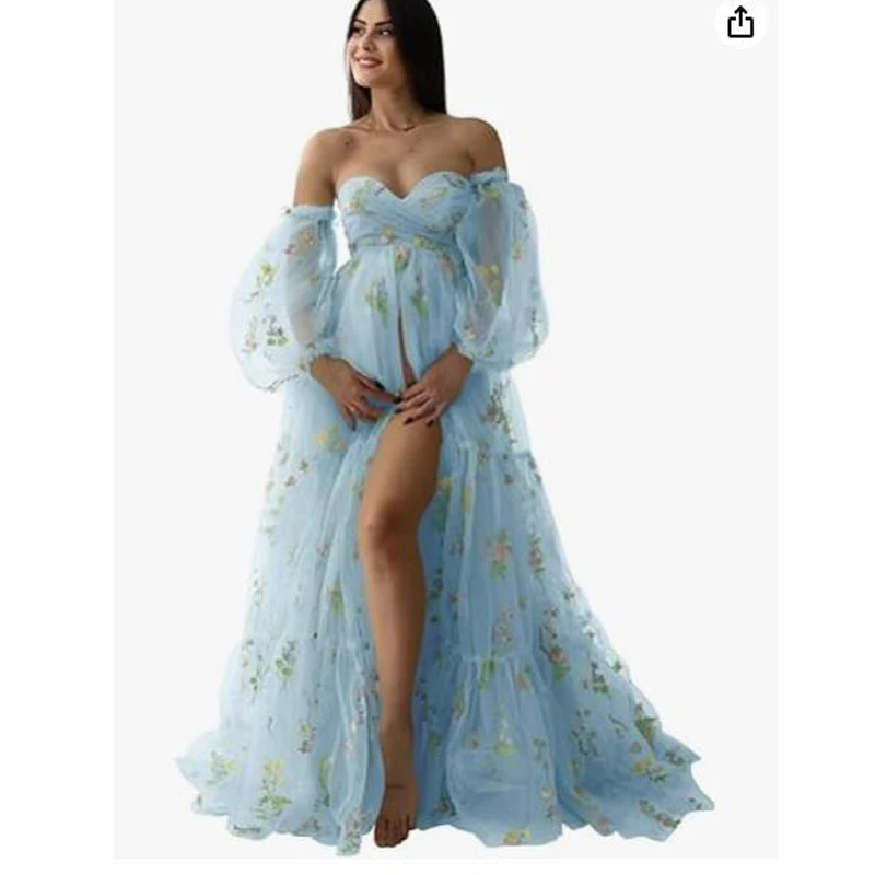 Flower Embroidery Tulle Maternity Dresses Photoshoot Ruffles Puffy Sleeve Long Robes for Baby Shower vestidos para embarazadas