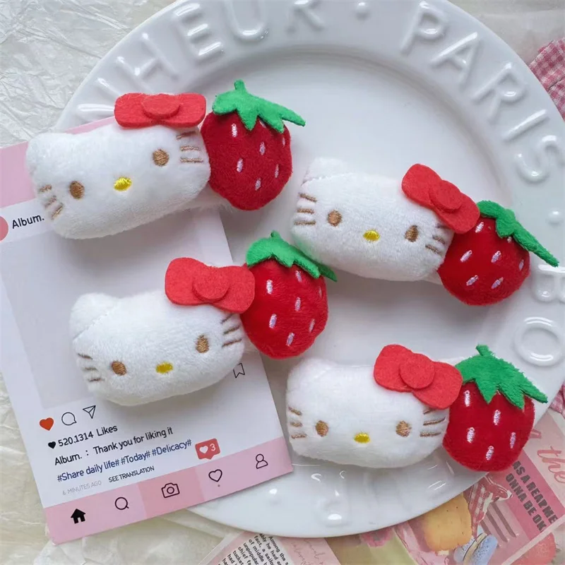 2Pcs Hello Kitty Strawberry BB Clip Sanrio KT Cat Plush Hair Clip Crtoon Hairpin Hair Barrettes Kawaii Headwear Hair Accessories