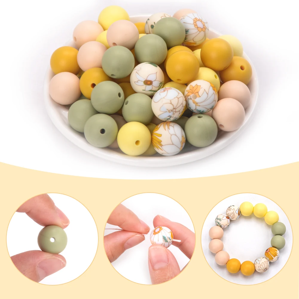 LOFCA 30Pcs 15mm Silicone Beads Round Loose Mix Print Beads For Jewelry Making DIY KeyChain Bracelet Necklace Jewelry accessorie