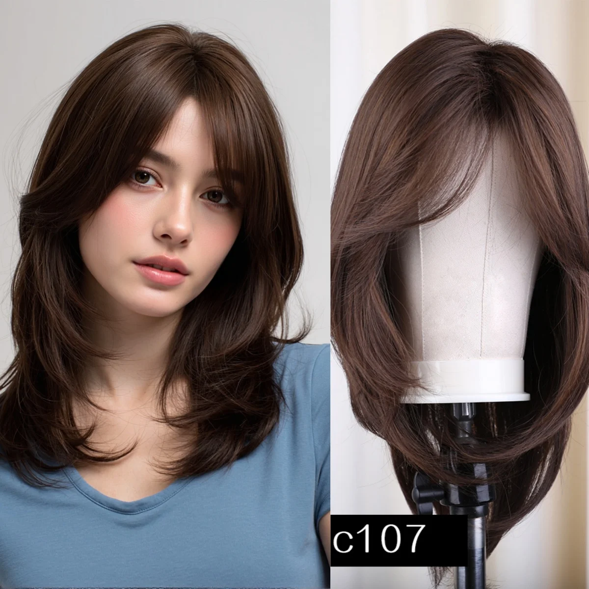 Synthetic Dark Brown Wig Straight Layered Wigs for Women Shoulder Length Hair Wig With Bangs Heat Resistant Party Daily Use