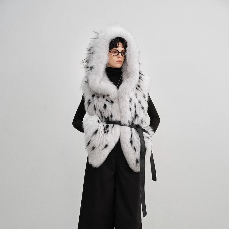 YOLANFAIRY Autumn and Winter Imported crown blue fox fur coat women's hooded sleeveless grey weave Fur vest шуба женская 2025