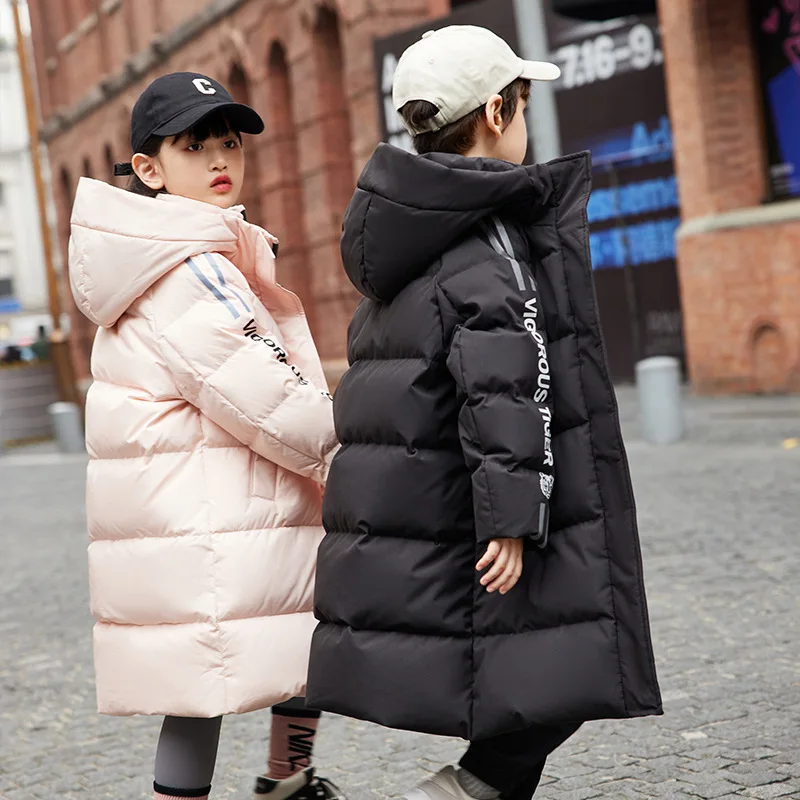 

2022 Winter new children's clothing Boys black fashion hooded thick down jacket Girl's white windproof warm eiderdown coat 90%