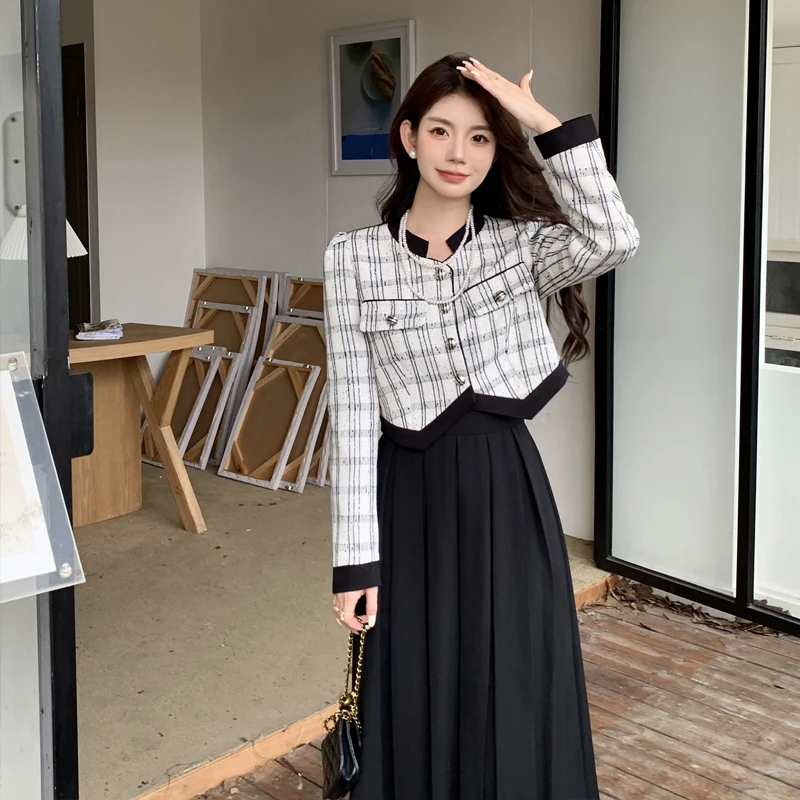 Office Ladies Autumn Winter Two Piece Set Women Sequins Plaid Short Jacket Top + High Waist Elastic Waist Pleated Skirt Suits