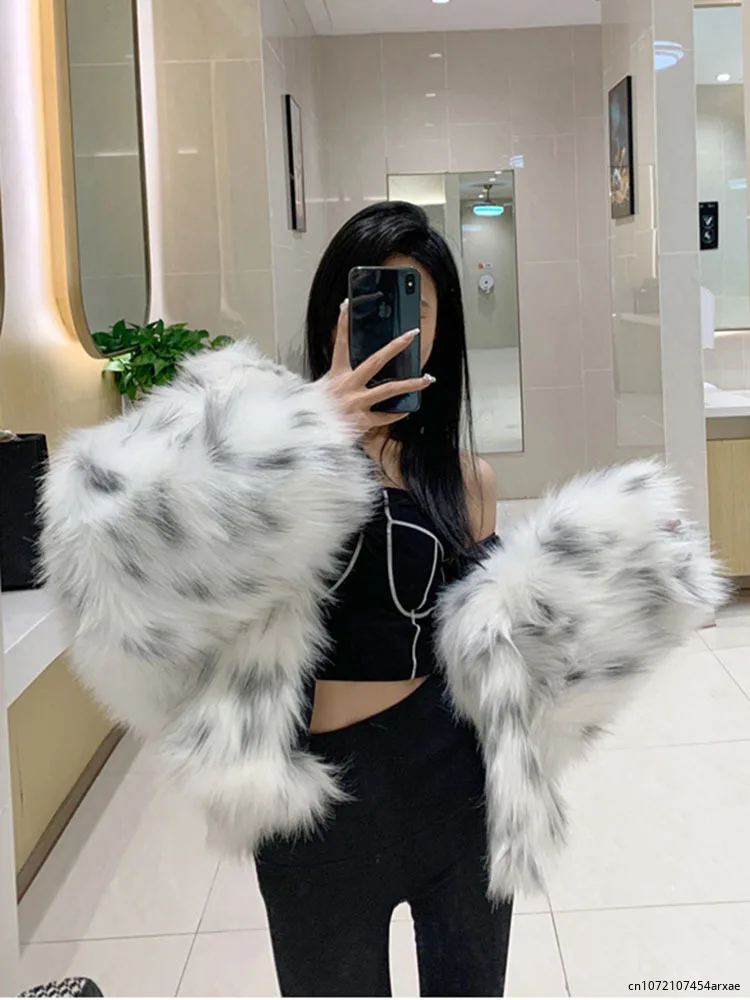 Winter Jackets for Women 2023 Leopard Print Oversized Hooded Faux Fox Fur Coat Women Long Fluffy White Jacket Fur Coats