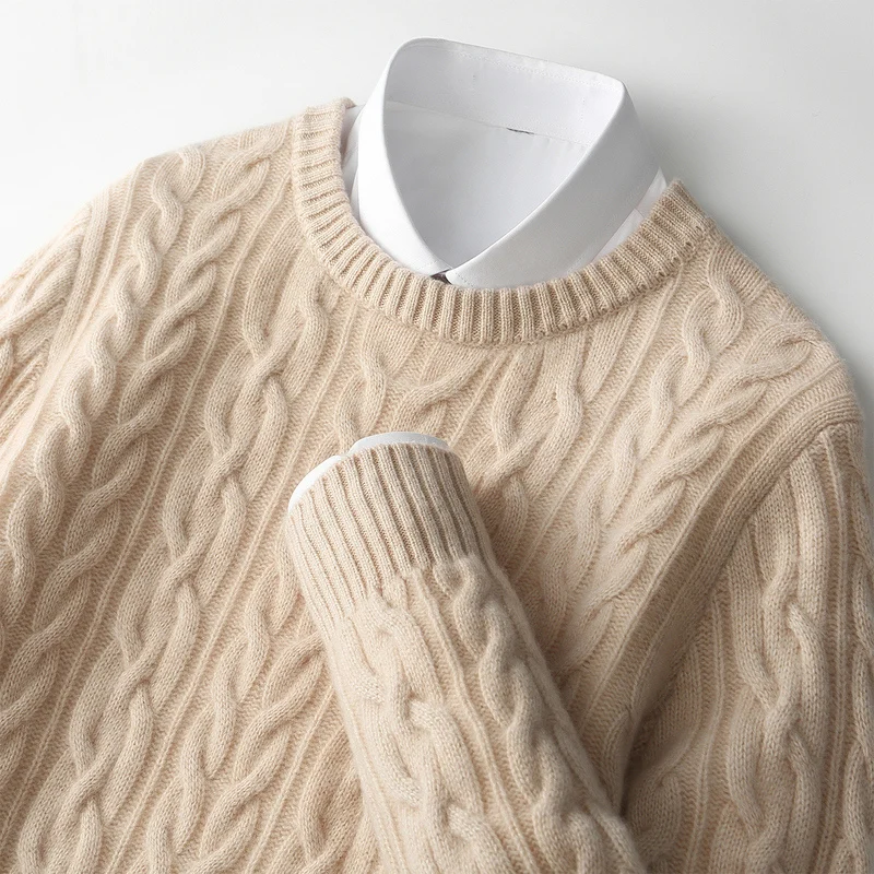 CHICUU 가을 겨울 남성용 두꺼운 O넥 케이블 니트 풀오버 스웨터 100% 메리노 울 니트 점퍼 따뜻하고 편안한 캐시미어 의류