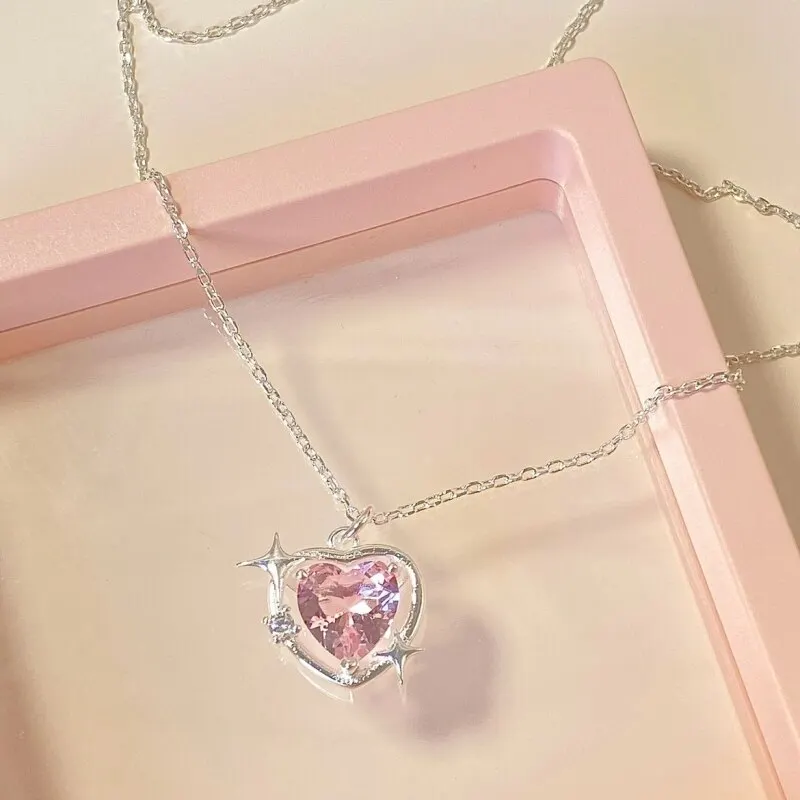 1pcs Silver-plated Necklace Women Light Luxury Fashion Pink Glass Diamond Heart Pendant Jewelry