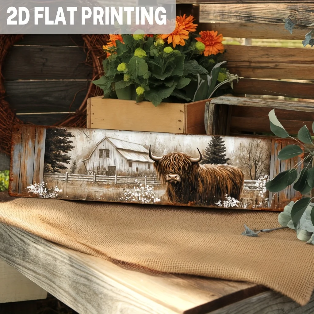 2D Flat Highland Cow and Barn Metal Wall Art - Rustic Farmhouse Decor, Vintage Style Art, Suitable for Living Room, Bedroom
