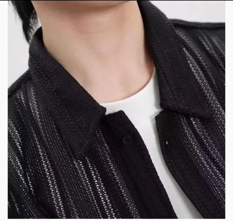 Herren-Strickhemd mit Aushöhlungen und Streifen, Kurzarm, Umlegekragen, Knopfleiste, Lässige Bluse, Atmungsaktives Durchsichtiges Sommer-Oberteil – Detail 21