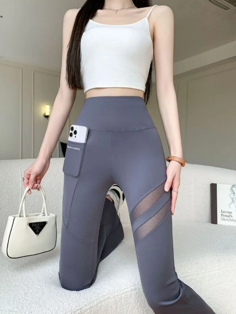 2026 Hotsweet Flare Pants Women's Summer Thin Sexy Mesh Spliced Black and Gray Slim High Waist Solid Hollow Out Pant Woman