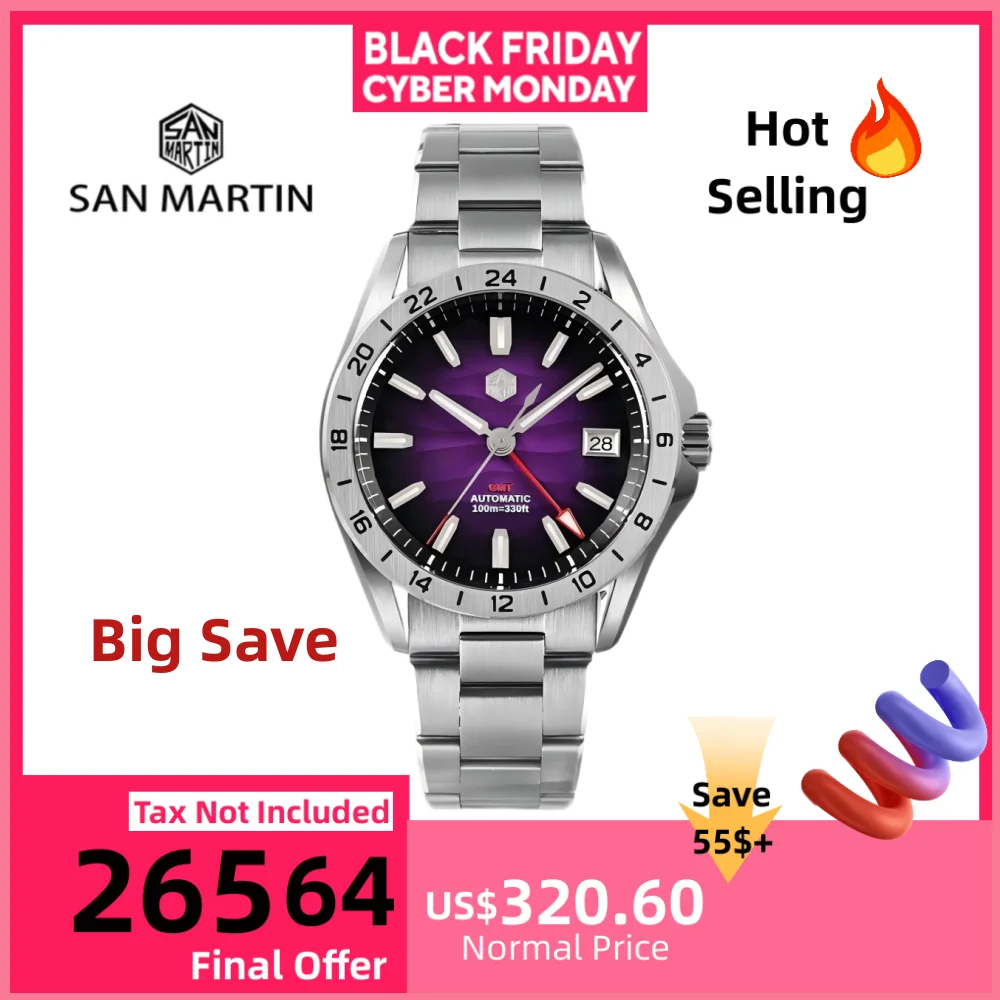 

San Martin 39 мм GMT Классические часы NH34 Автоматический роскошный циферблат с сапфировым стеклом 100 м Водонепроницаемые светящиеся часы SN0129-2