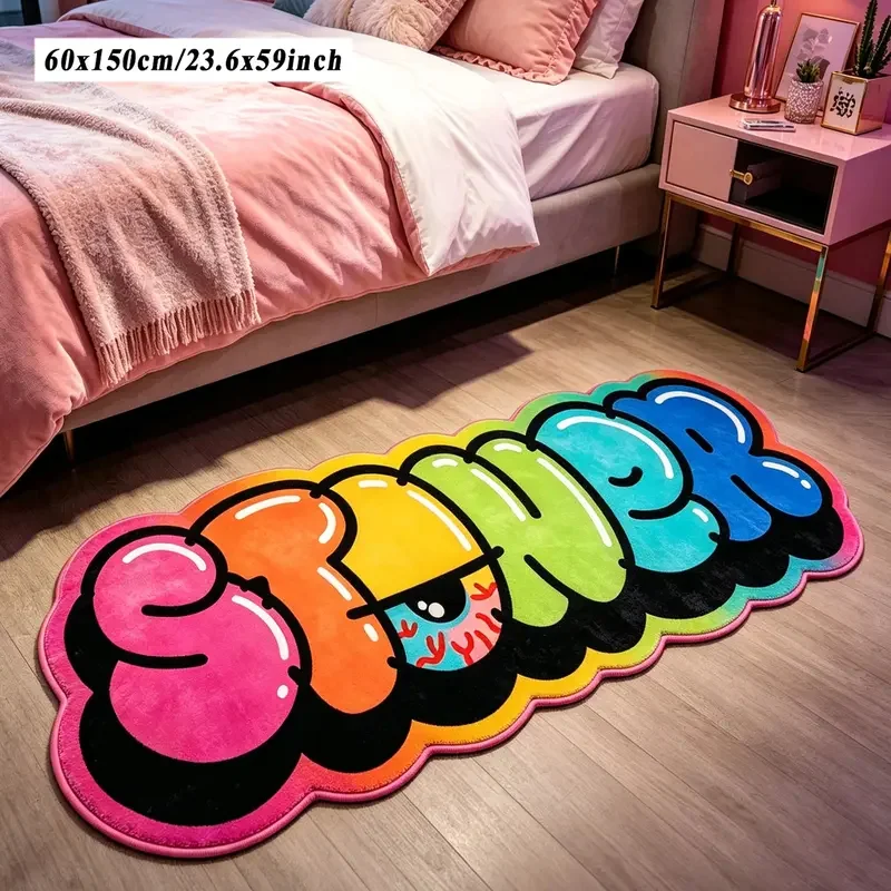 VIKAMA Y2K Cartoon Colorful Graffiti Bubble Letter Long Rug Fluffy Non Slip Mat Bedroom Gaming Room Trendy Home Decor