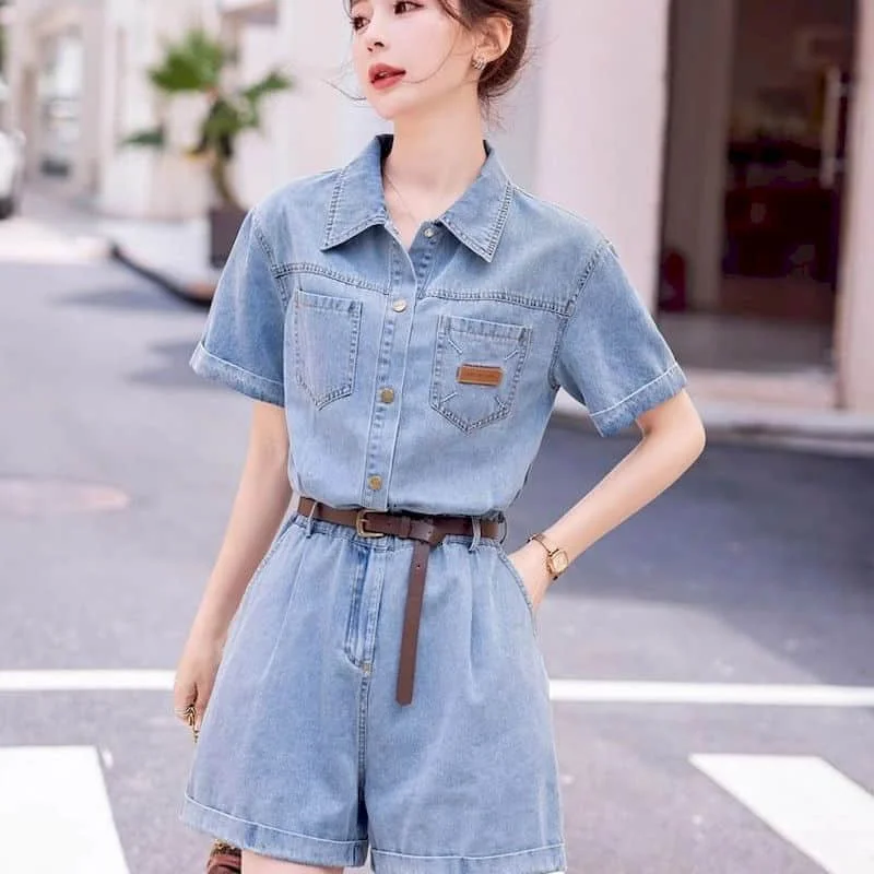 

Denim Jumpsuits for Women Tops Waisted Casual Playsuits Vintage Loose Wide Leg Shorts Rompers One Piece Outfits Women Clothing