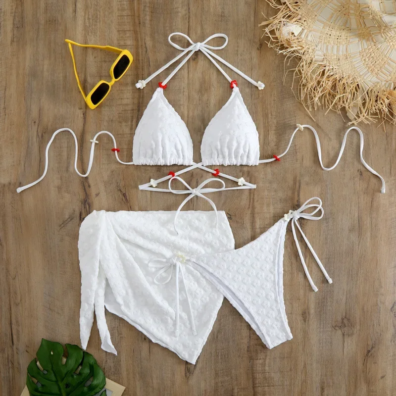 

Женские бикини из трех предметов 2025, треугольный комплект бикини, купальник с цветочным принтом, белый, розовый, купальный костюм, пляжная одежда, бикини