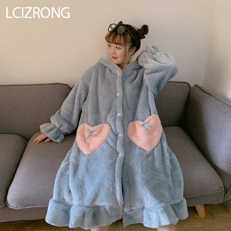 Winter Fashion Warm Comfortable Midi Robe Women Sweet Girl Cute Big Rabbit Ear Loose Bathrobe Long Sleeve Dressing Gown Female