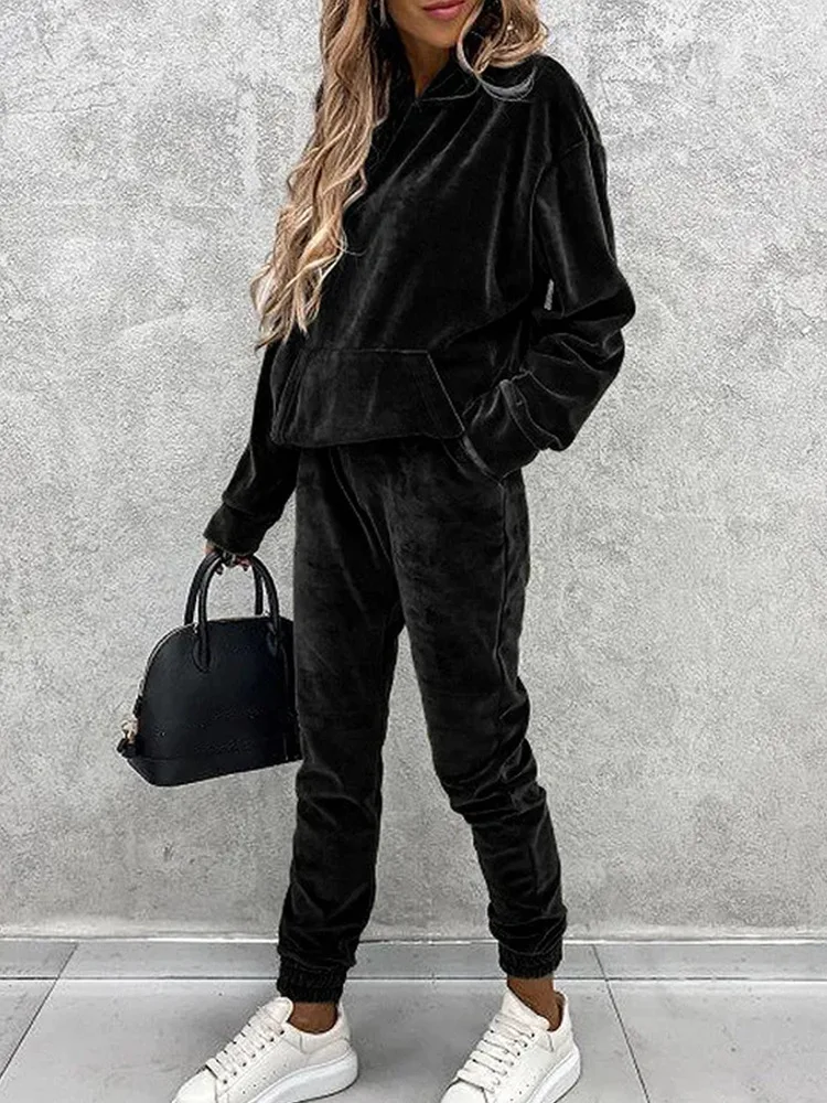 Autumn Winter Velvet Tracksuit Set Elegant Soft Pocket Pullover Top Female Loose Sweatsuit Pants Suit 2024 Two Piece Set Outfits