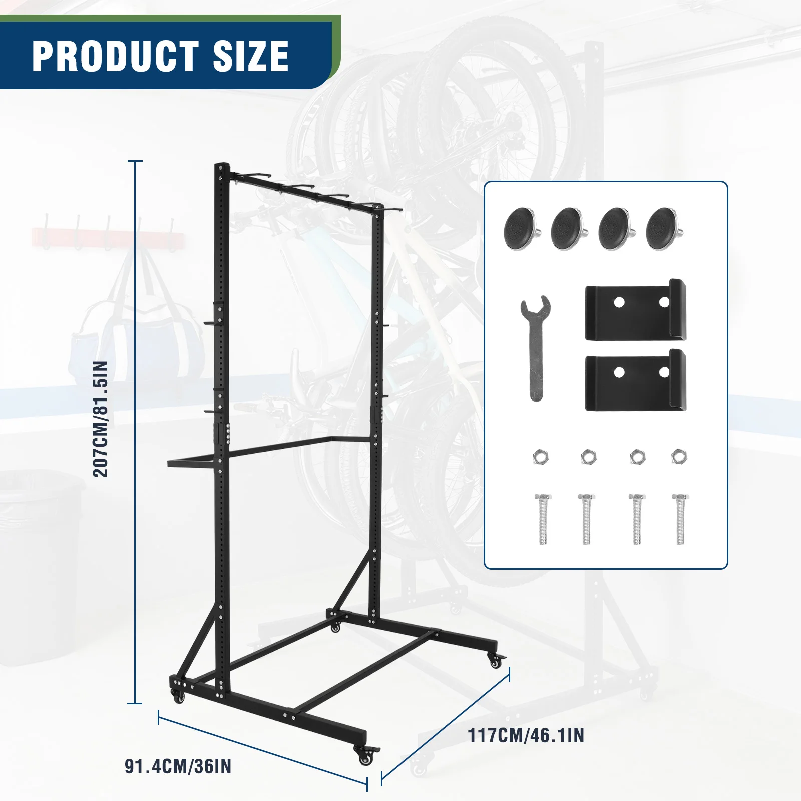 

Vertical Bike Stand with Locking Casters & 6 Hooks Floor Bike Storage Rack Holds Up To 5 Bikes Height Adjustable for Garage