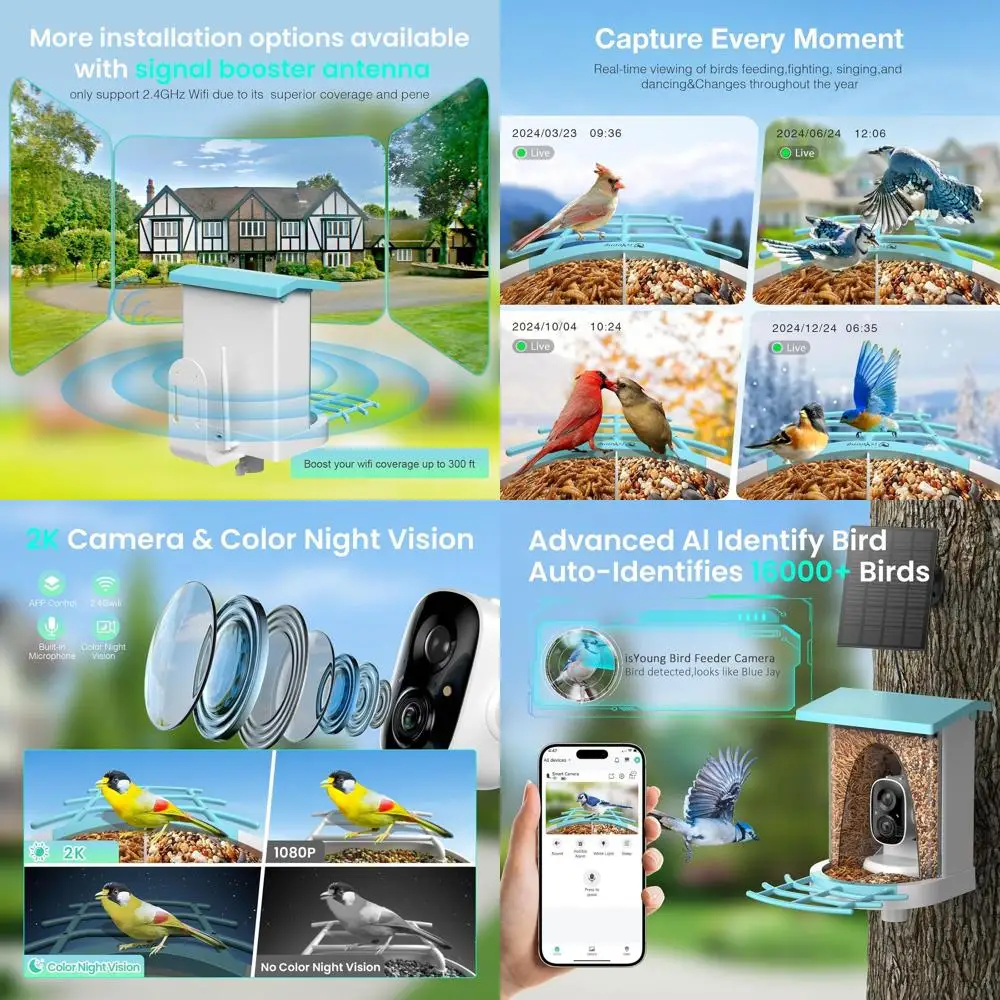 

Умная кормушка для птиц с ИИ и разрешением 2K HD, двумя отсеками для корма, идентификацией более 16 000 видов, автофокусом, датчиком движения, 170° обзором ° Просмотр профиля Bi