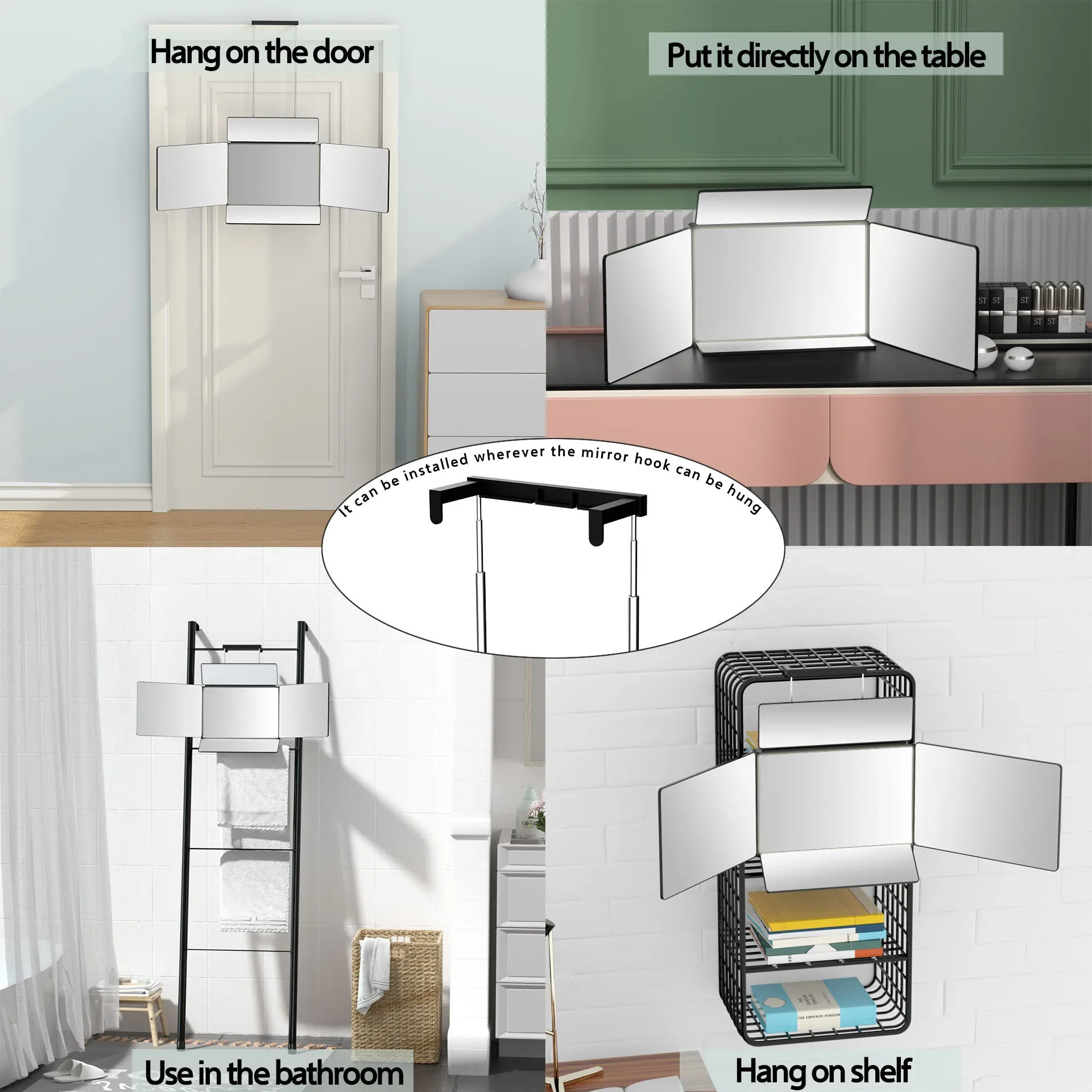 5-Wege-Spiegel zum Haarschneiden mit LED-Licht, tragbarer 360-Grad-Dreifach-Friseurspiegel, selbstgeschnittener Spiegel mit höhenverstellbaren Haken