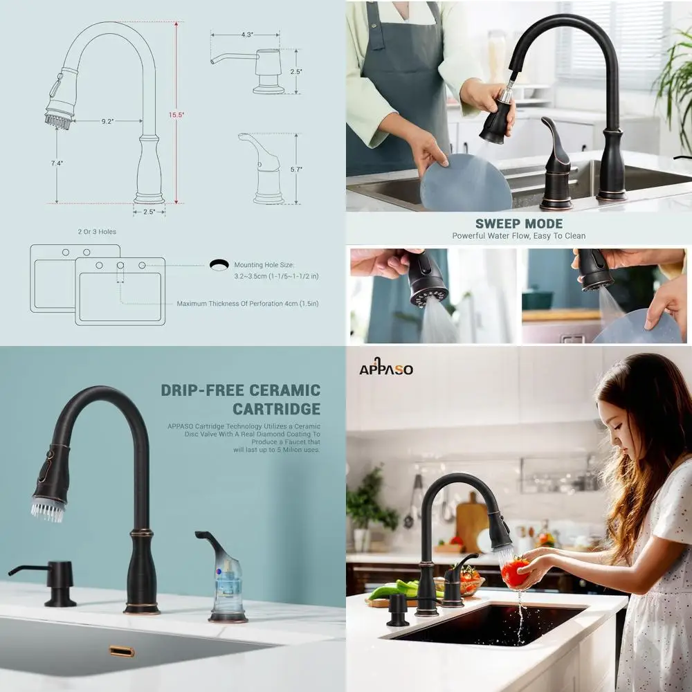 

Oil-Rubbed Bronze 3-Hole Kitchen Faucet with Pull-Down Sprayer and Soap Dispenser for 2/3-Hole Sinks