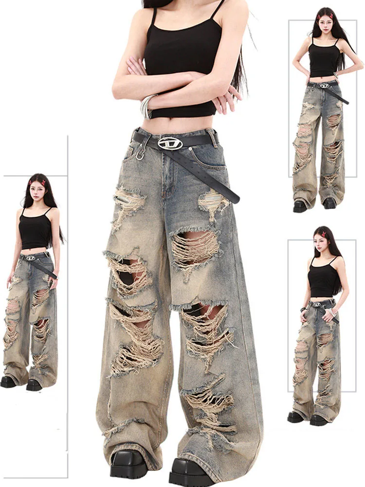 

Women's Summer Ripped Jeans American Casual Fashion High Street Retro Female Washed Blue Hollow Out Baggy Denim Pants