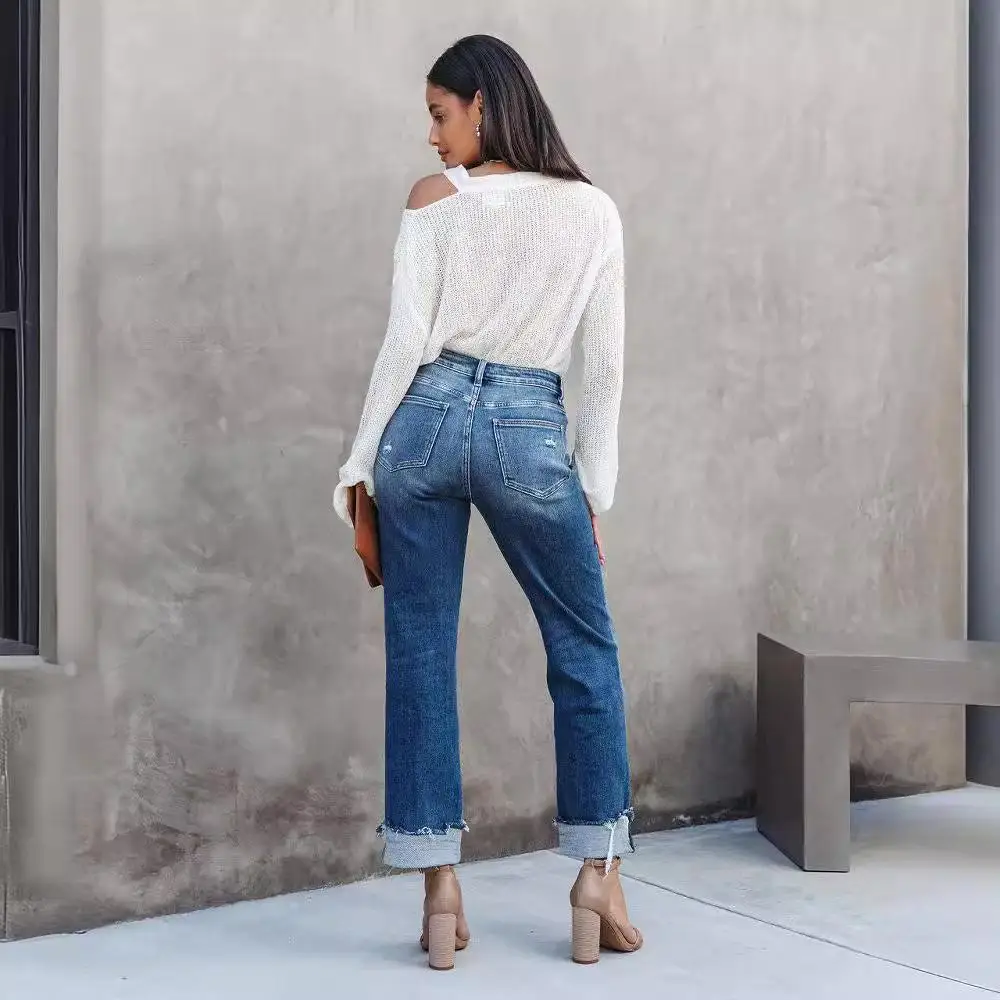 High Waist Washed Jeans Casual Loose Cuffed Pants Women Fashion Spring Style Chinese Manufacturer Summer Collection