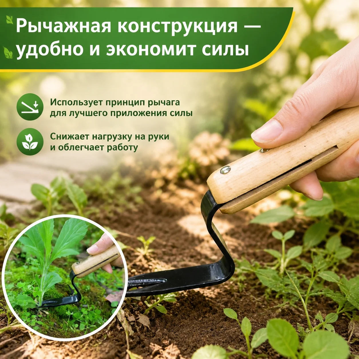 Garden Weeding Fork with Wooden Handle for Soil Loosening and Root Removal