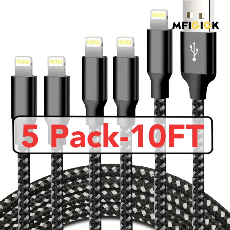 MFIGlGK  5pcs Lightning to USB Cable Lot Braided USB Cable 10ft for iPhone 14/ 13/ 12/ 11/ XS/ XR/ 8/ 7/ 6/ 5 Fast Charge Cord