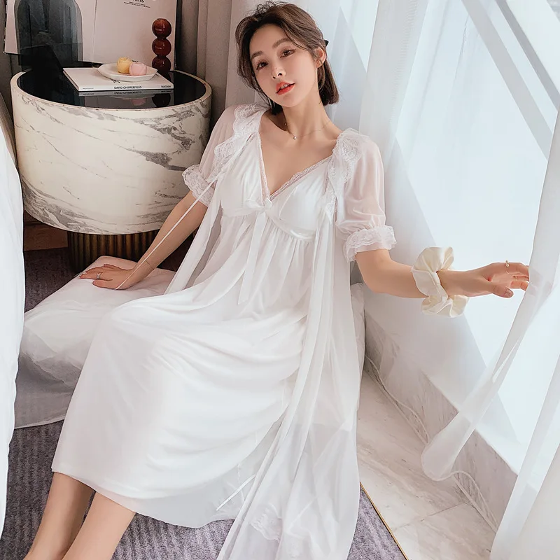 

Women Mesh Robe Nightgown Set Lace Princess Summer 2Pcs Kimono Bathrobe Gown Sleep Suit Nightwear Sexy Sleepwear Nightdress