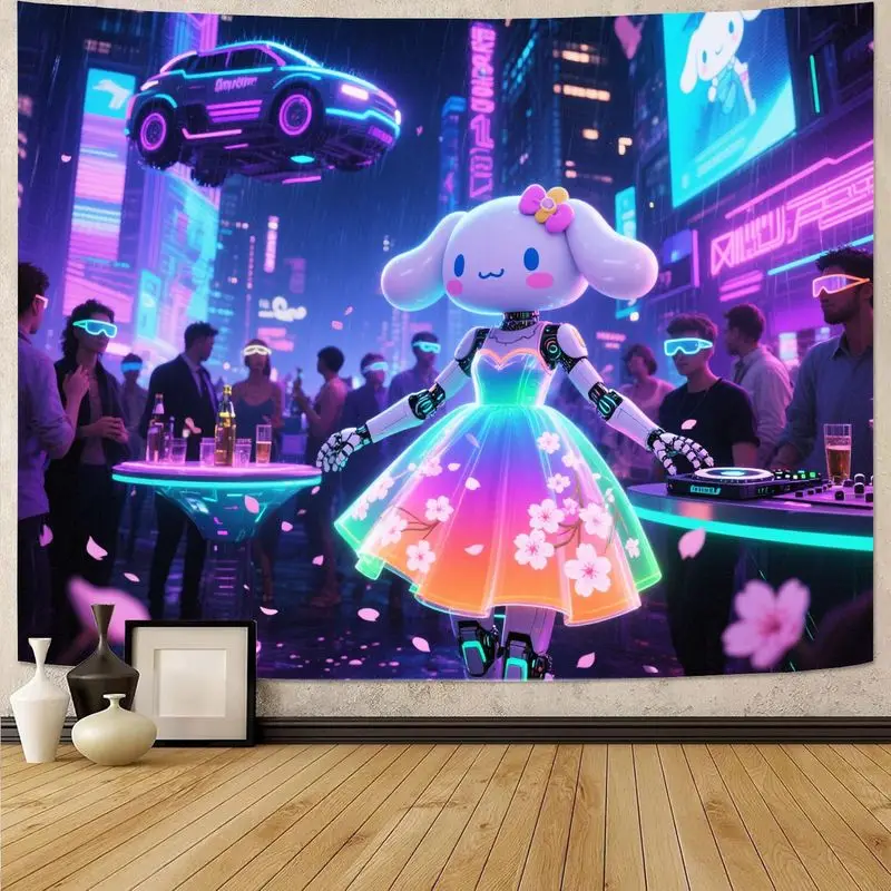 1PC 카와이 로봇 DJ 개 태피스트리 사이버펑크 네온 레이브 벽 예술 미래지향적인 도시 장식 게이머를 위한 아름답고 생생한 선물