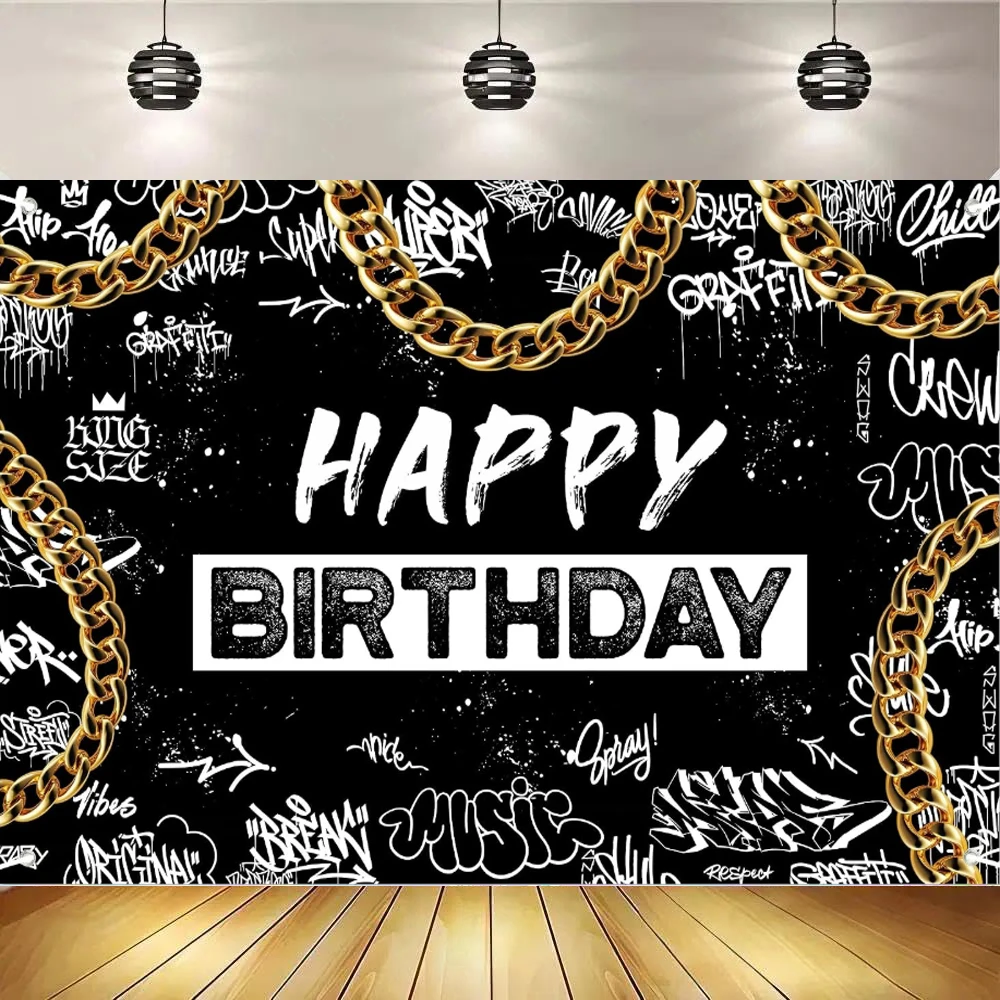 Black White Graffiti Photography Backdrop Gold Chain Urban Design for Hip Hop Banner Party Rap Music Street Style Background
