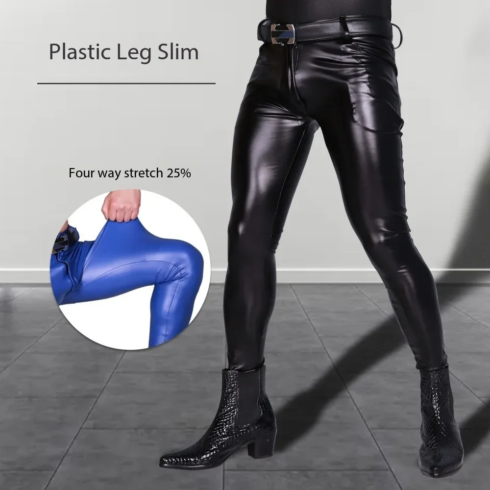 NK38 imitation latex sexy PU leather pants motorcycle men's stage outfit tight fitting tight leg jazz dance costume