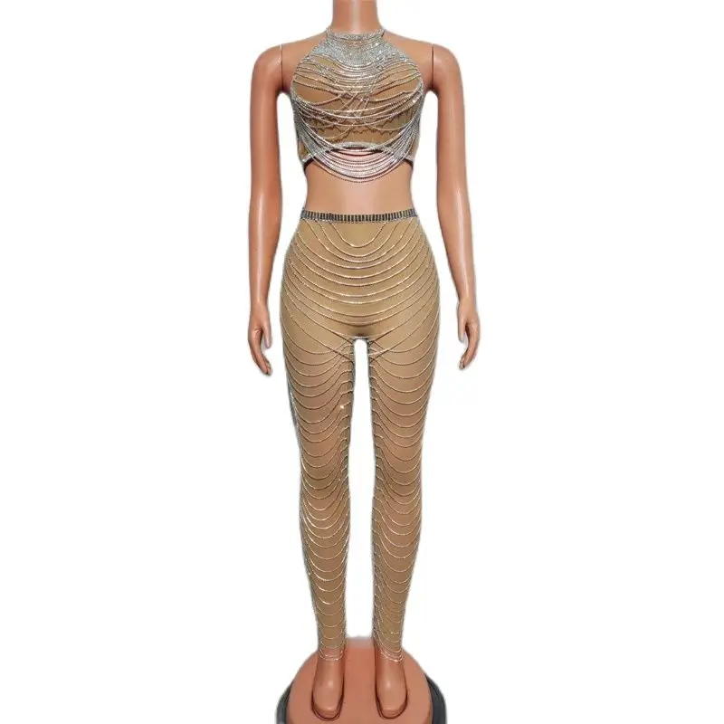 Diamentowe Przezroczyste Frędzle Łańcuszki Stroje Damskie Kostiumy do Tańca na Rurze Gogo Bar Klub Nocny Dj Ds Scena Impreza