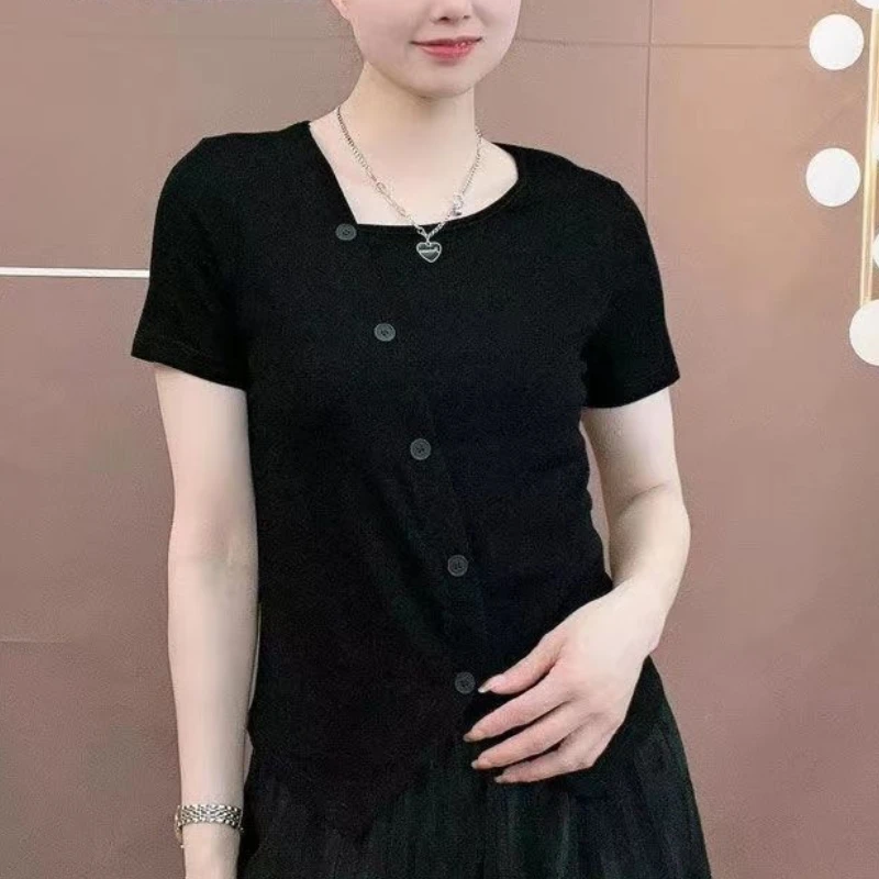 2024 New Summer Commuting Minimalist Fashion Loose Solid Color Short Sleeved Irregular Patchwork Button Women's T-shirt Top