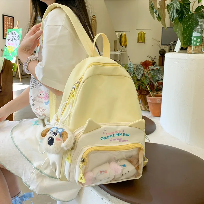 Minimalist Cream Yellow Backpack For Women Durable Casual Rucksack With Cat Ear & Dog Charm Detail