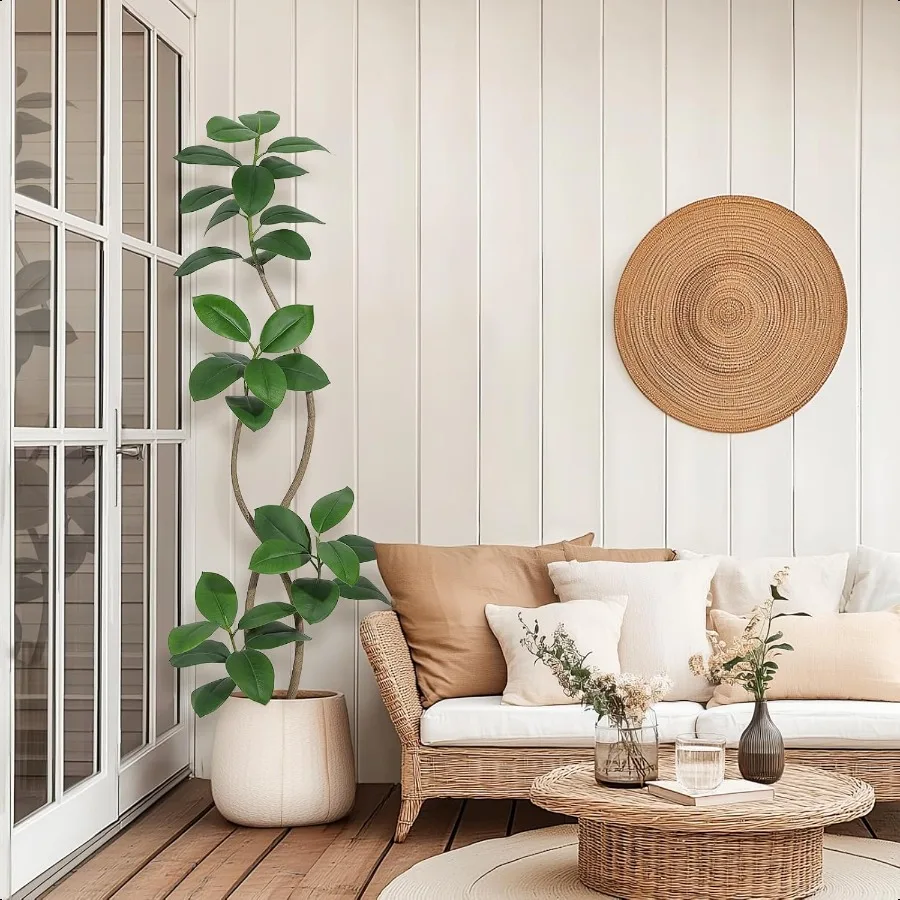 6FT Artificial Plants Rubber Tree with Black Resin Potand White Stone Faux Tree Indoor Artificial Trees Tall Plant Fake Tree Tr