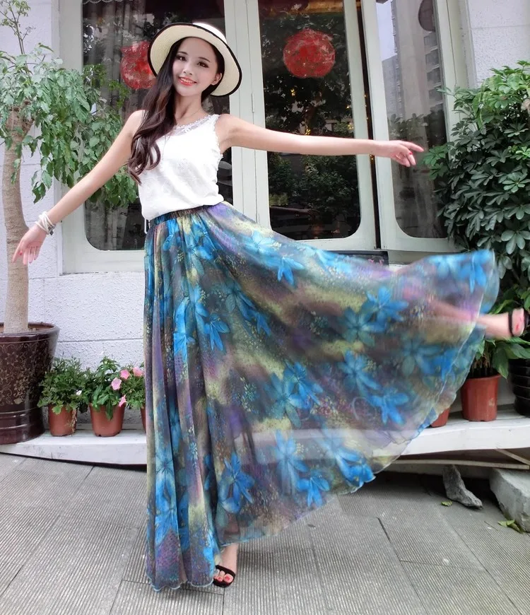 Summer Chiffon Flowers Print Holiday Bohemia Maxi Skirt Vacation Beach Korean Elastic Waist Long Skirts For Woman boho