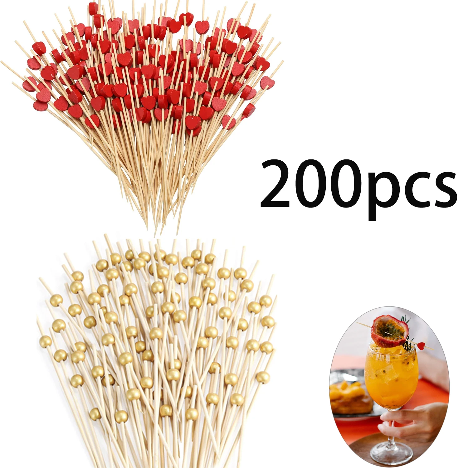 200pce Bamboo Decorative Bamboo Skewers 4.7 Inch, Cocktail Skewers, Wooden Fruit Skewers for Drinks and Fruit Decoration