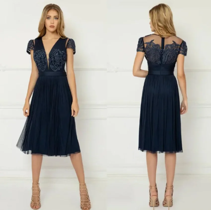 Occasion Formal Party Wedding Summer Navy Short Sleeve Lace Beaded V Neck Knee Length Mother of the Bride Dress