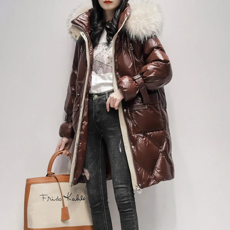 New Women Long Down Jacket Winter Snow Outerwear Female Korean Bright Face 90% White Duck Down Coat Thick Hooded Parker Overcoat