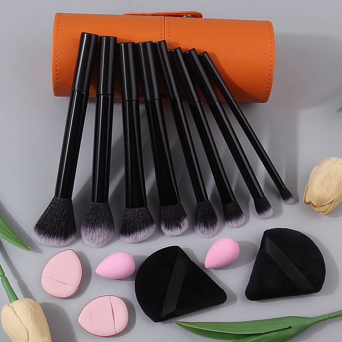 8 pçs pincéis de maquiagem 4 esponja puffs 2 mini liquidificadores de beleza com balde de armazenamento cerdas macias látex-livre para viagens diárias makeuptool