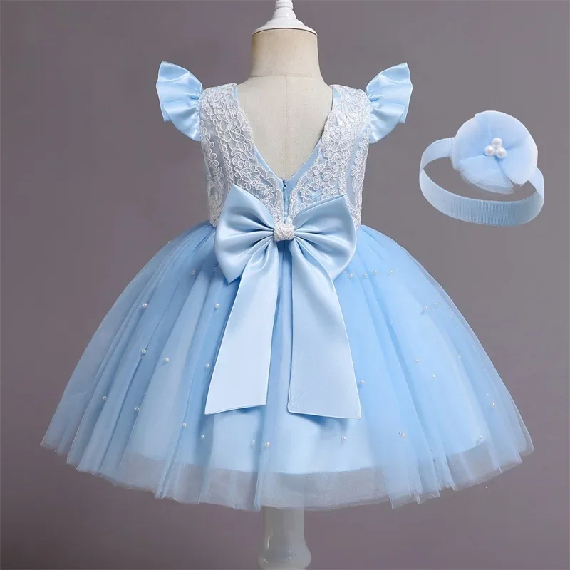 Summer Princess Baby Girls Tutu Dress Weddings Party Dress Birthday Dresses for Toddler Kids Pearls Bow Costumes Lace Gown 1-5Y