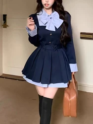 Preppy Style Sweet New One Piece Dress Women Autumn Winter Korea Chic Bow Mini Dresses Casual Stripe Y2k Patchwork Clothes 2025