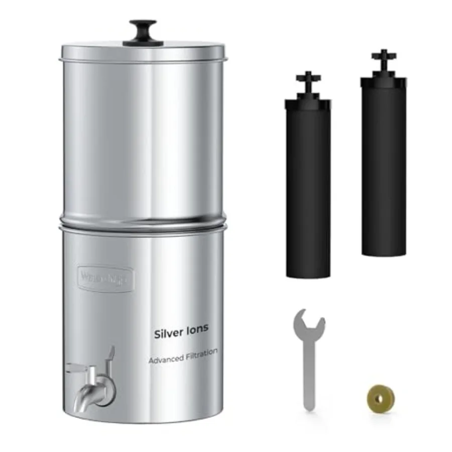 Gravity Water Filter 2.25G Stainless-Steel System with Silver Ions Enhanced Filtration with 2 Black Carbon Filters NSF/ANSI 42a
