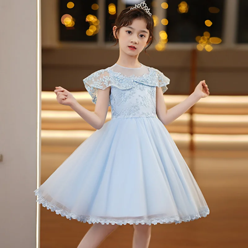 

Summer Girls' New Lace Collar Mesh Fluffy Skirt School Graduation Ceremony Wedding Flower Girl Sweet and Cute Dress