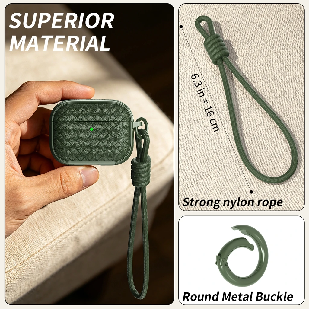 Business Minimalist Woven Rhombus Texture With Lanyard Shockproof Protective Earphone Cover Case for AirPods 4 5 Pro 2 Pro 3