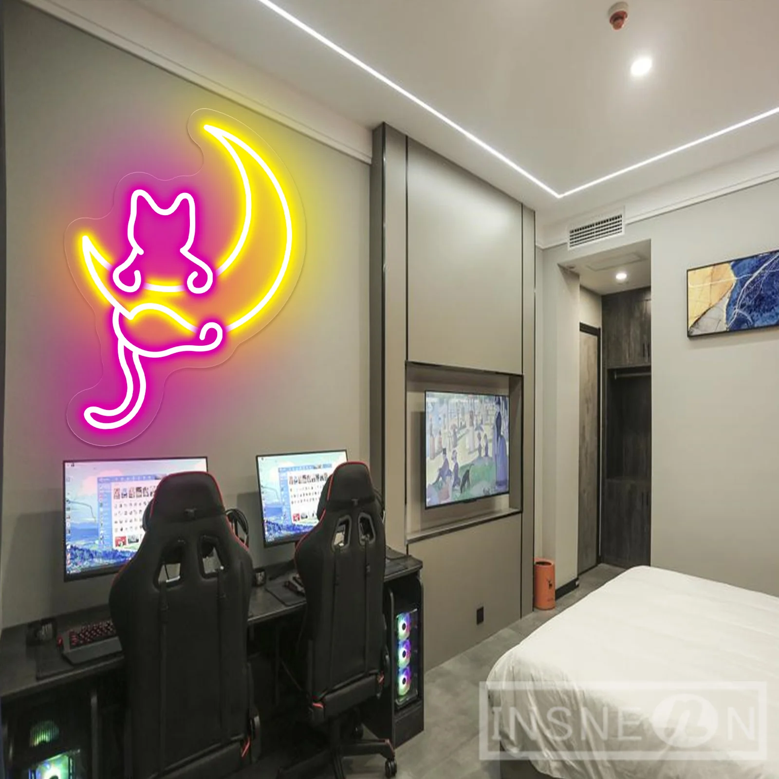 Cat & Moon Neon Sign Personalized Neon Lamp for Room Wall Decor LED Night Light Home Decor Lights Gift for Girls Boys Neon Light