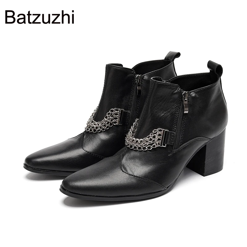 

Batzuzhi 7cm High Heels Pointed Toe New Design Men's Boots Shoes Double Zips and with Chains Black Leather Ankle Boots Man