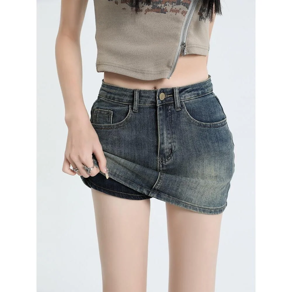 

Retro Spicy Girl Denim Skirt Women's High Waist Slimming Anti-Light A-Line Bodycon Half-length Skirts Summer Casual