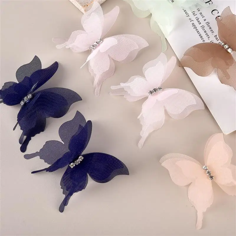 20pcs/Bag 3D Organza Butterfly Rhinestone Handmade Craft Clip Earrings Jewelry Decor Embroidery Patch Garment Design Materials